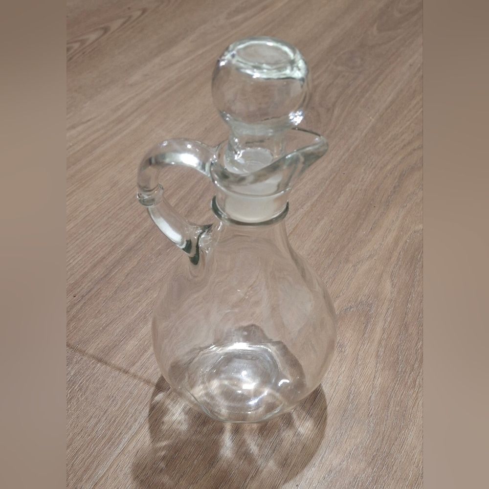 VINTAGE OIL/VINEGAR CRUET WITH STOPPERS CLEAR GLASS W/Handle 50s